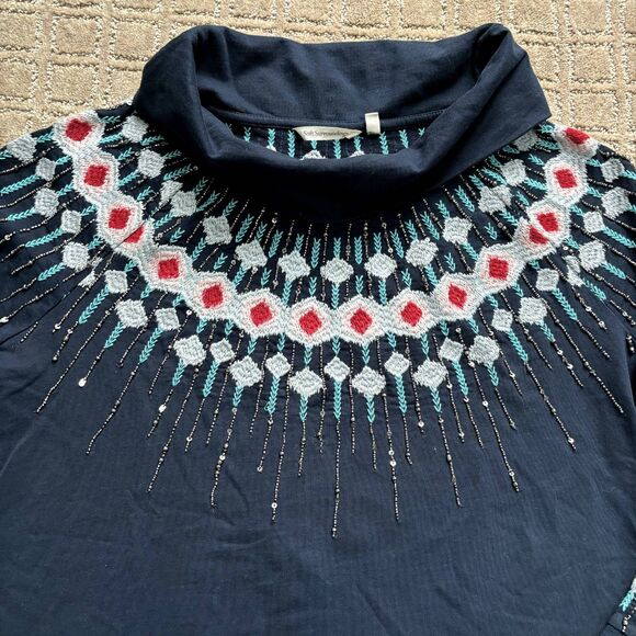 Soft Surroundings Embroidered Fair Isle Icelandic Sweater XL Nordic Beaded Cowl - Picture 3 of 12